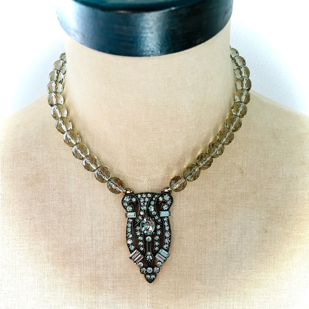 HEIDI DAUS Art Deco Style Brown Smoky Glass Beads / Crystal Necklace